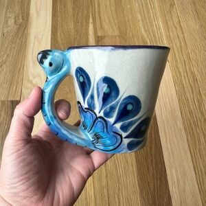 Hand-Painted Peacock Ceramic Mug Marked Guate Mayan Ke